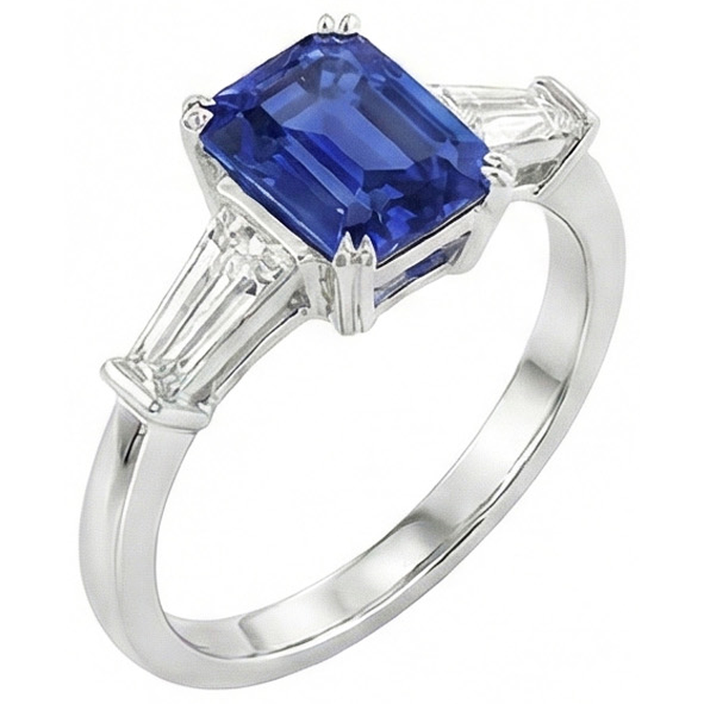 Anello con tre pietre in zaffiro Srilanka a forma di smeraldo 2 carati