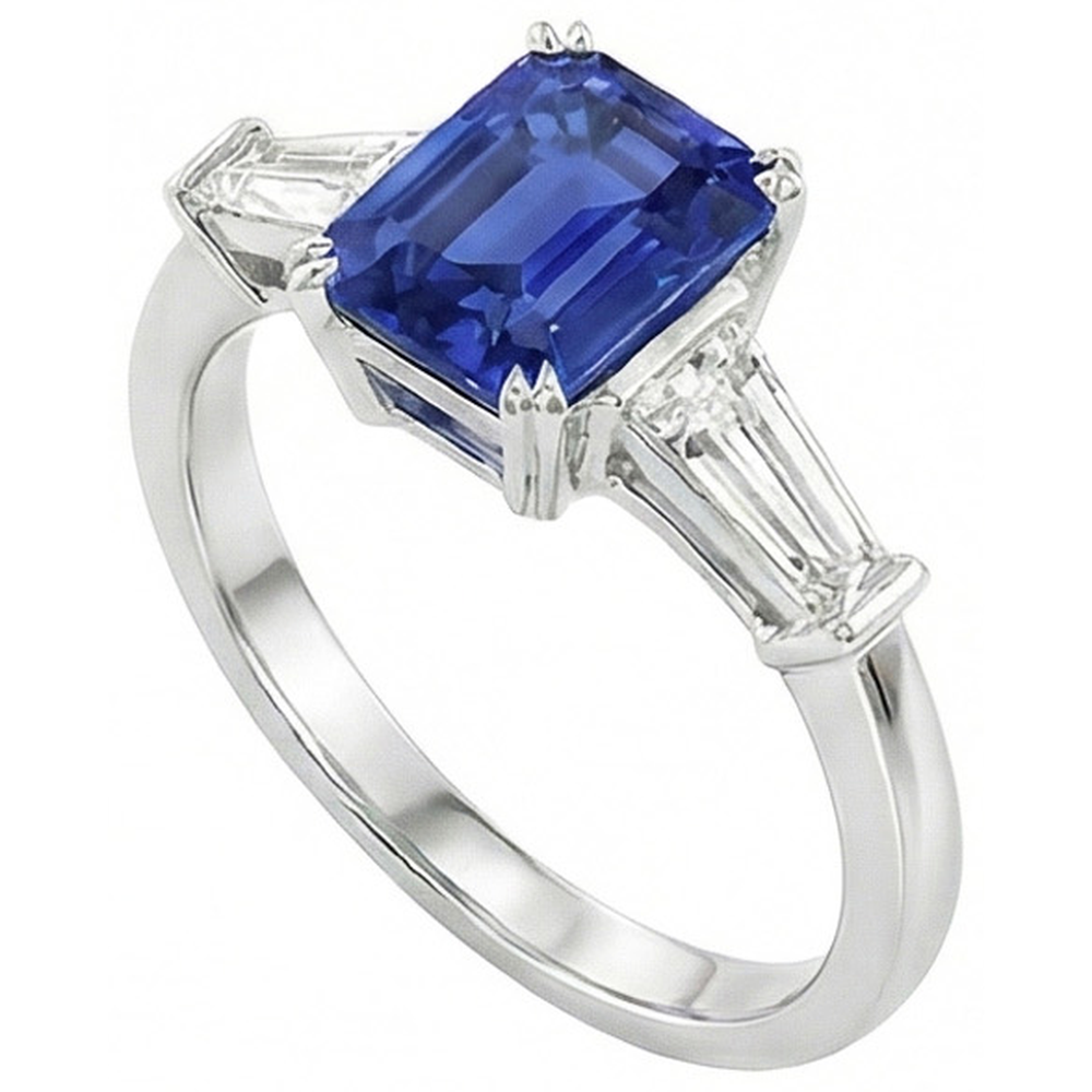 Anello con tre pietre in zaffiro Srilanka a forma di smeraldo 2 carati