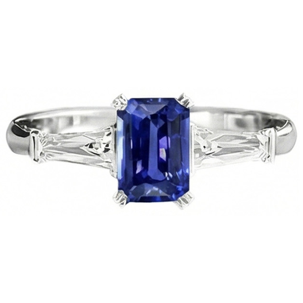 Anello con tre pietre in zaffiro Srilanka a forma di smeraldo 2 carati