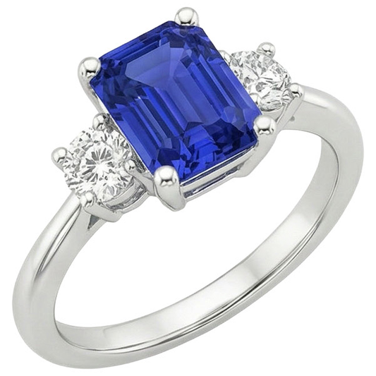 Anello con tre pietre preziose. diamante rotondo e zaffiro di Ceylon 3.50 carati