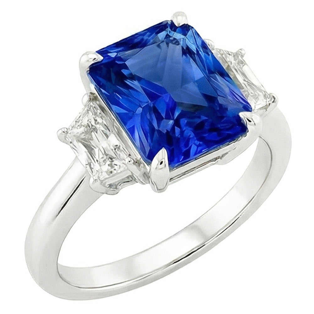 Anello con tre pietre preziose e zaffiro con diamanti radianti 3.50 carati