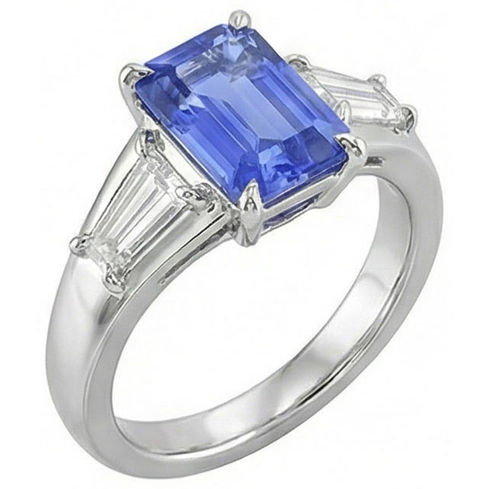 Anello con tre pietre preziose. zaffiro blu smeraldo e diamanti 3.50 carati
