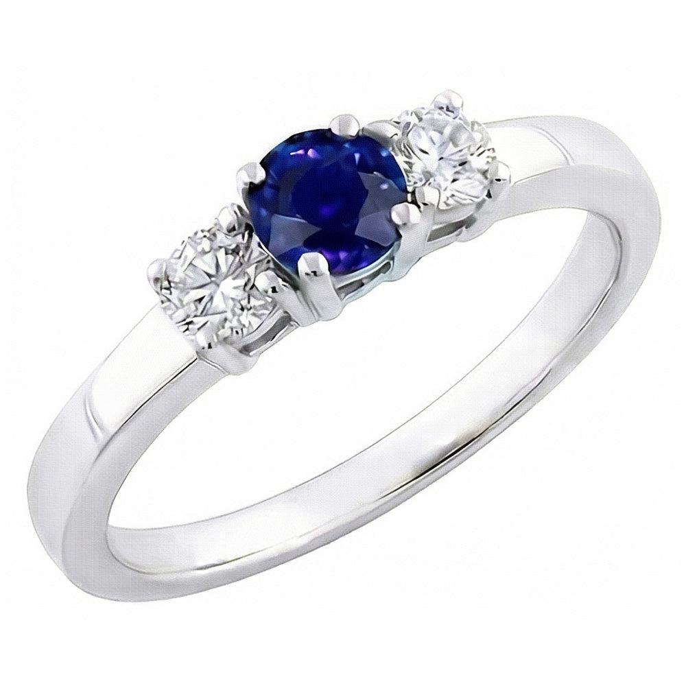 Anello con tre pietre tonde con diamanti da 1,50 carati con zaffiro di Ceylon e Oro Bianco 14K