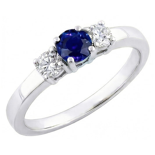 Anello con tre pietre tonde con diamanti da 1,50 carati con zaffiro di Ceylon e Oro Bianco 14K