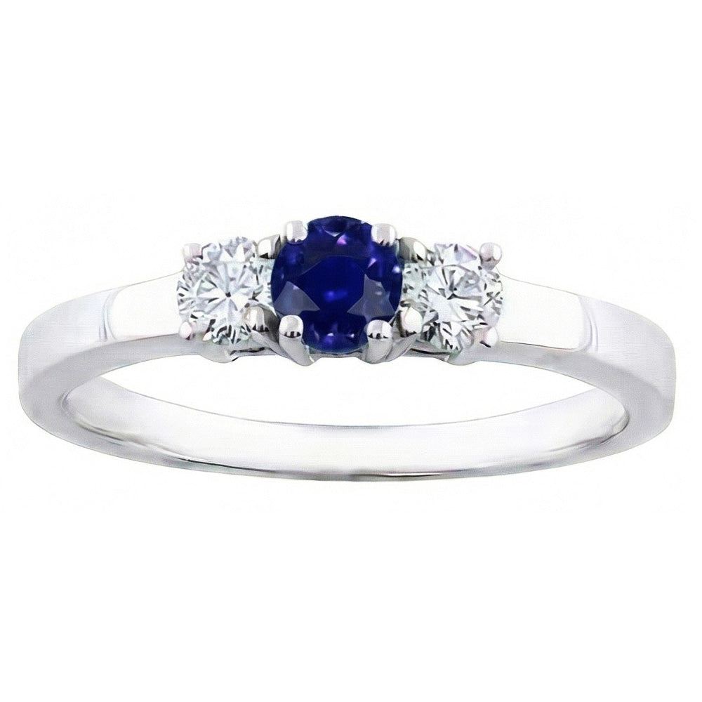 Anello con tre pietre tonde con diamanti da 1,50 carati con zaffiro di Ceylon e Oro Bianco 14K