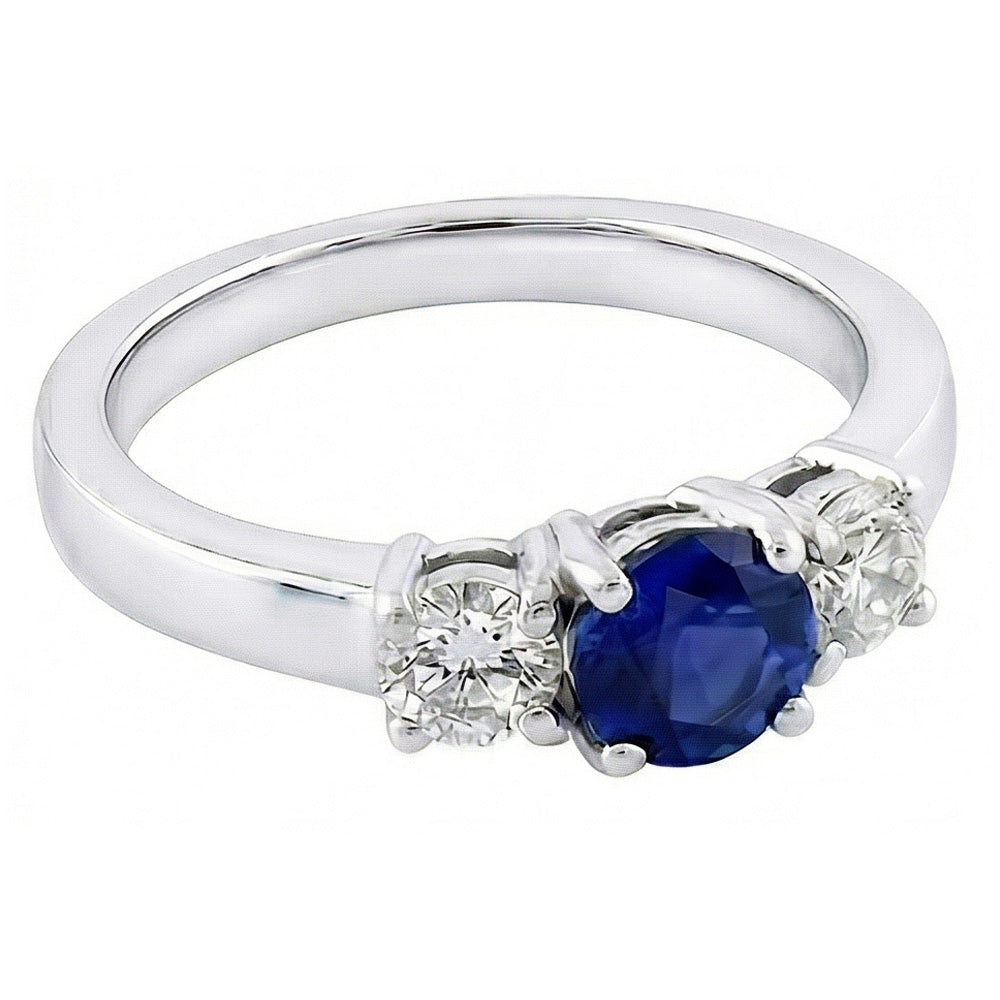 Anello con tre pietre tonde con diamanti da 1,50 carati con zaffiro di Ceylon e Oro Bianco 14K