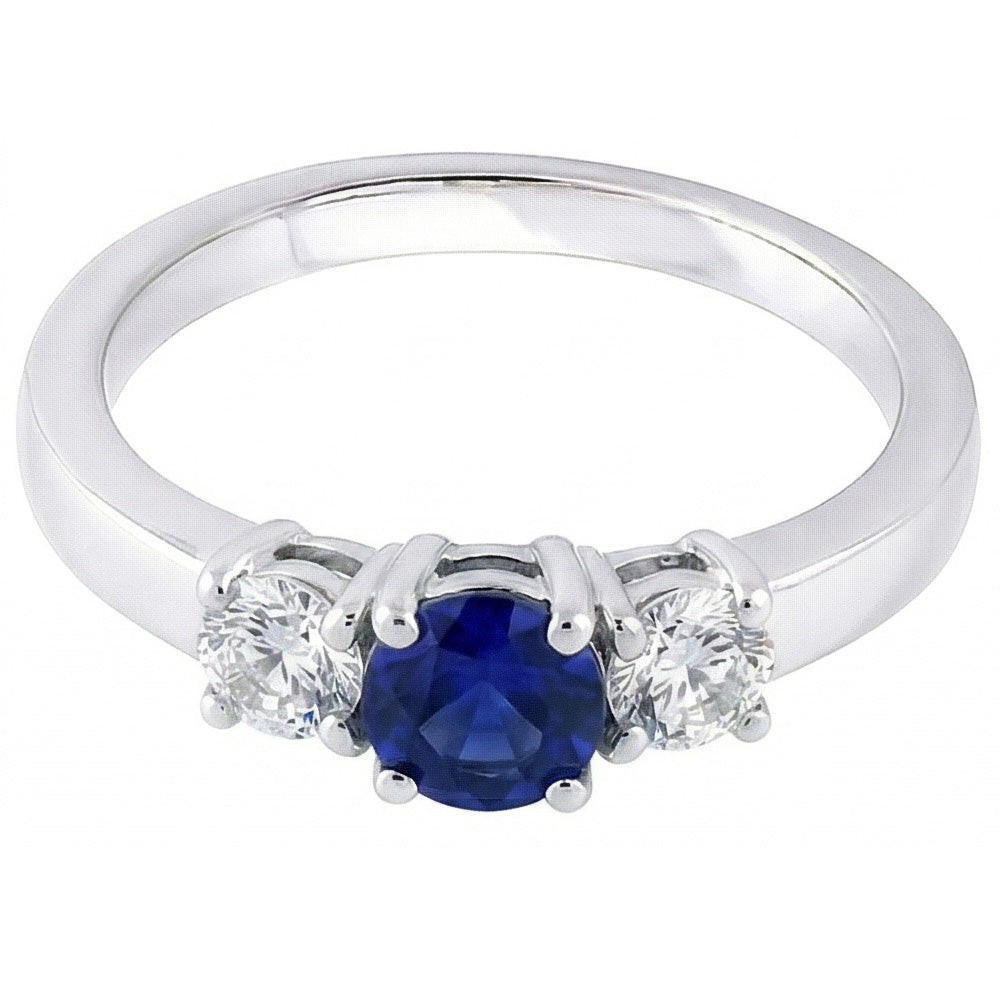 Anello con tre pietre tonde con diamanti da 1,50 carati con zaffiro di Ceylon e Oro Bianco 14K
