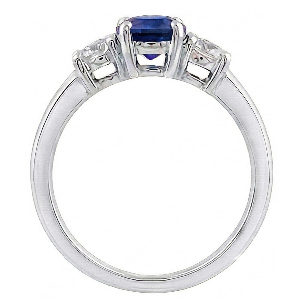 Anello con tre pietre tonde con diamanti da 1,50 carati con zaffiro di Ceylon e Oro Bianco 14K