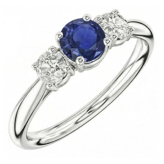 Anello con tre pietre tonde con zaffiri blu e diamanti da 1,50 carati e Oro Bianco 14K