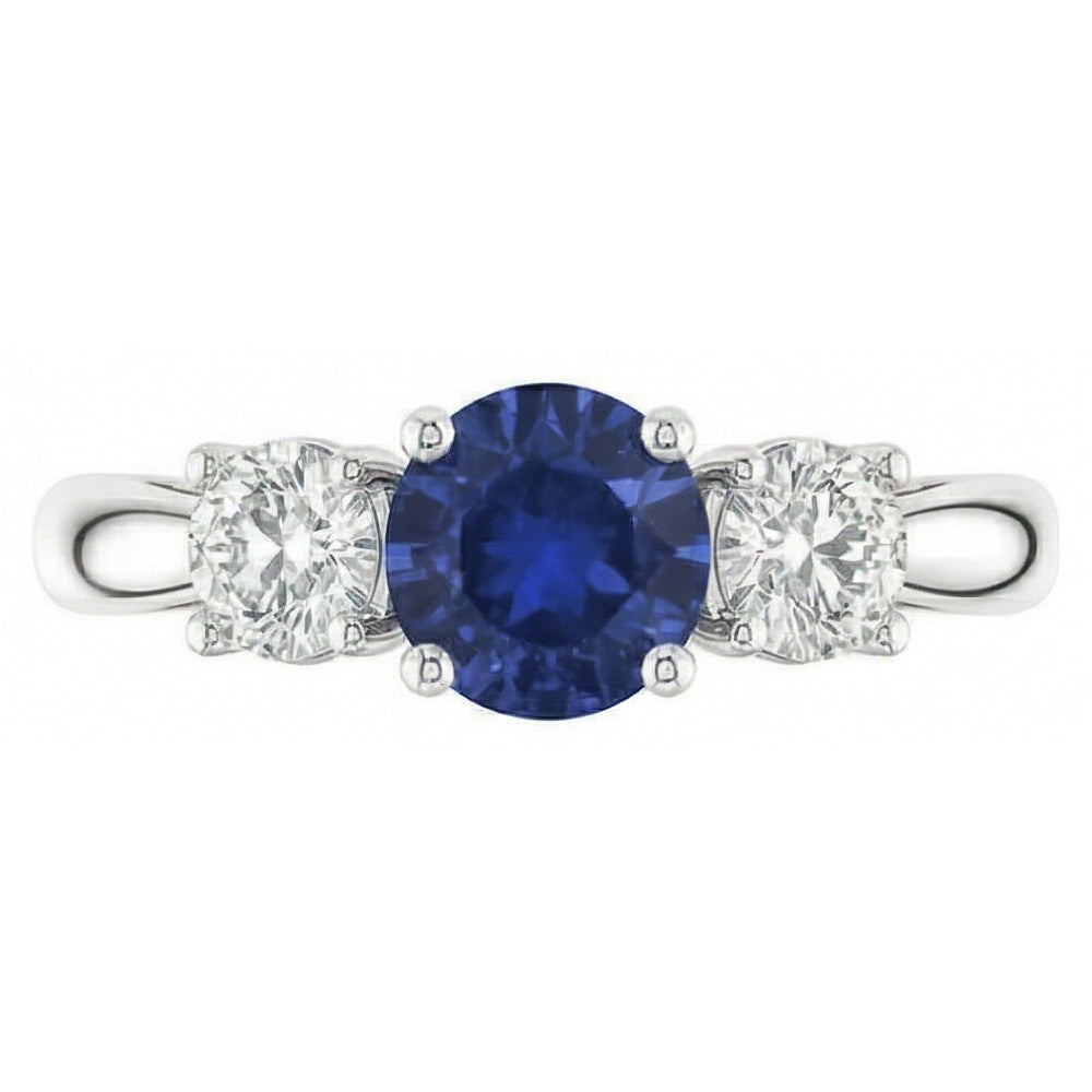 Anello con tre pietre tonde con zaffiri blu e diamanti da 1,50 carati e Oro Bianco 14K