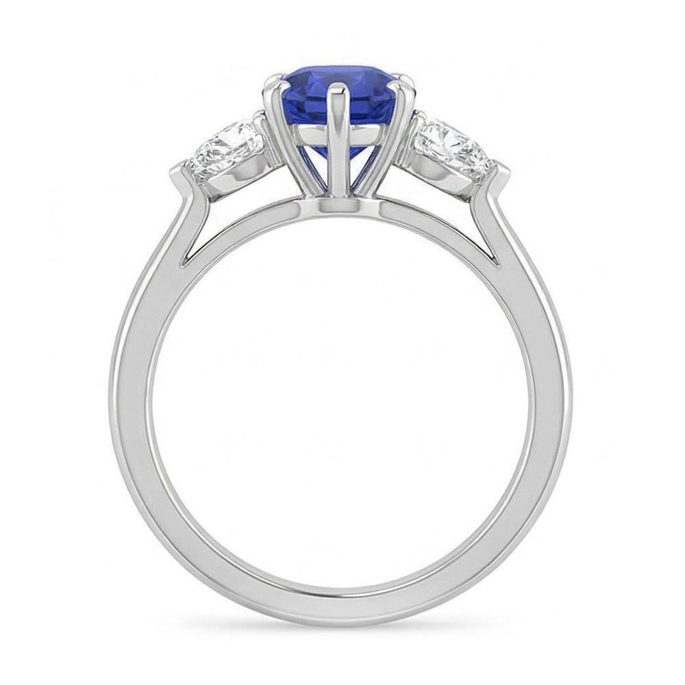 Anello con tre pietre tonde di zaffiro blu e diamanti a forma di pera 1,25 carati con Oro Bianco 14K