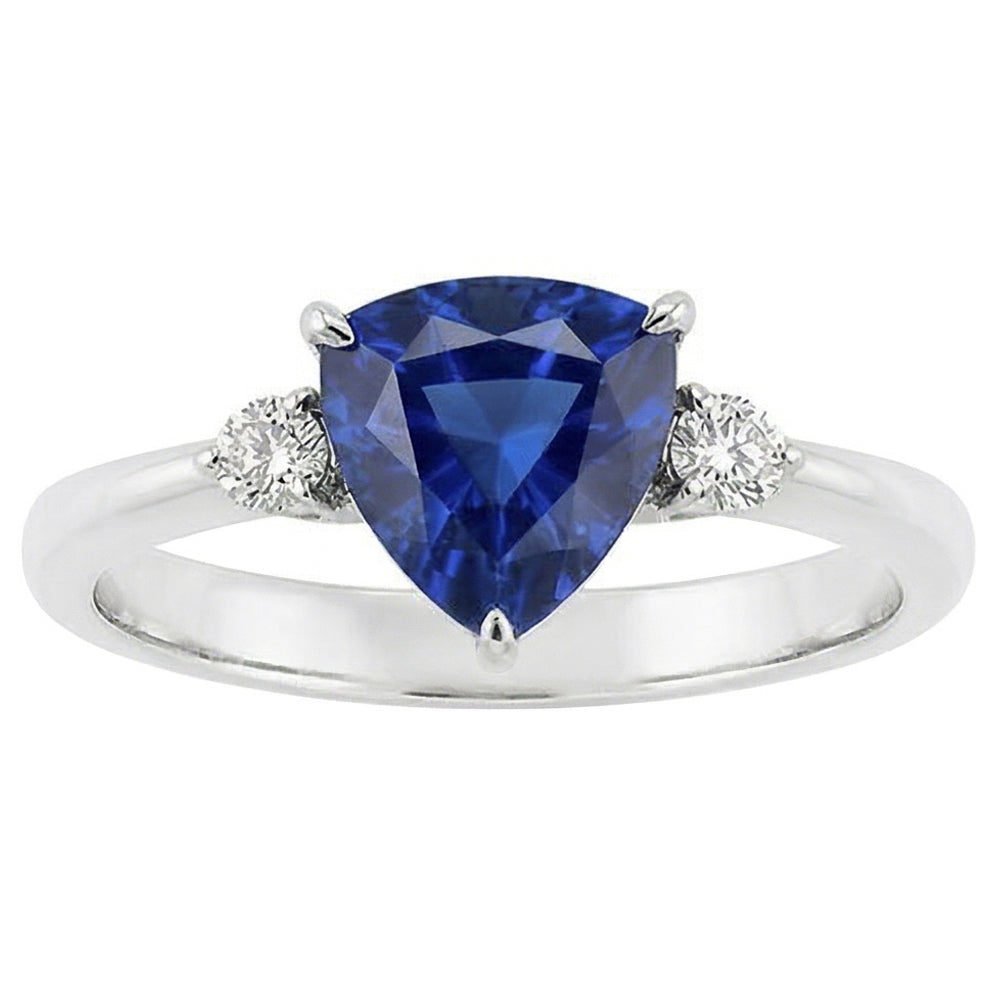 Anello con tre pietre trilioni di zaffiri di Ceylon 2.25 carati di diamanti rotondi