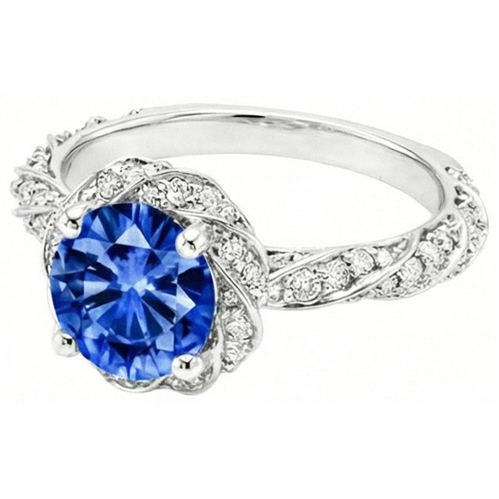 Anello con zaffiri Ceylon da 2,15 carati Diamante Naturale Autentico ( non creato in laboratorio ) tondo e pietra preziosa in oro bianco 14K