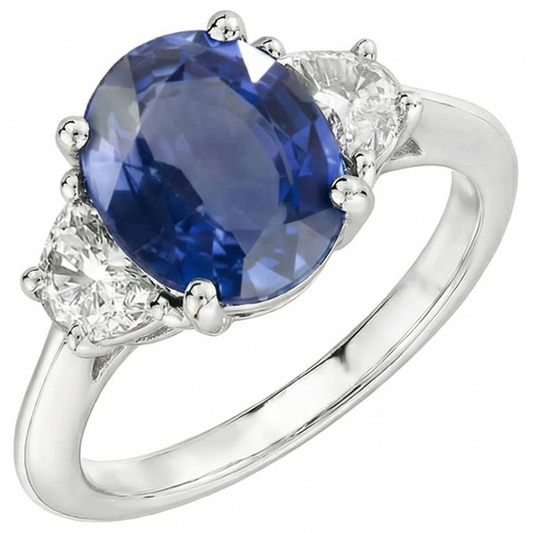 Anello con zaffiri dello Sri Lanka 2 carati e diamanti taglio ovale 3 pietre WG in oro 14K