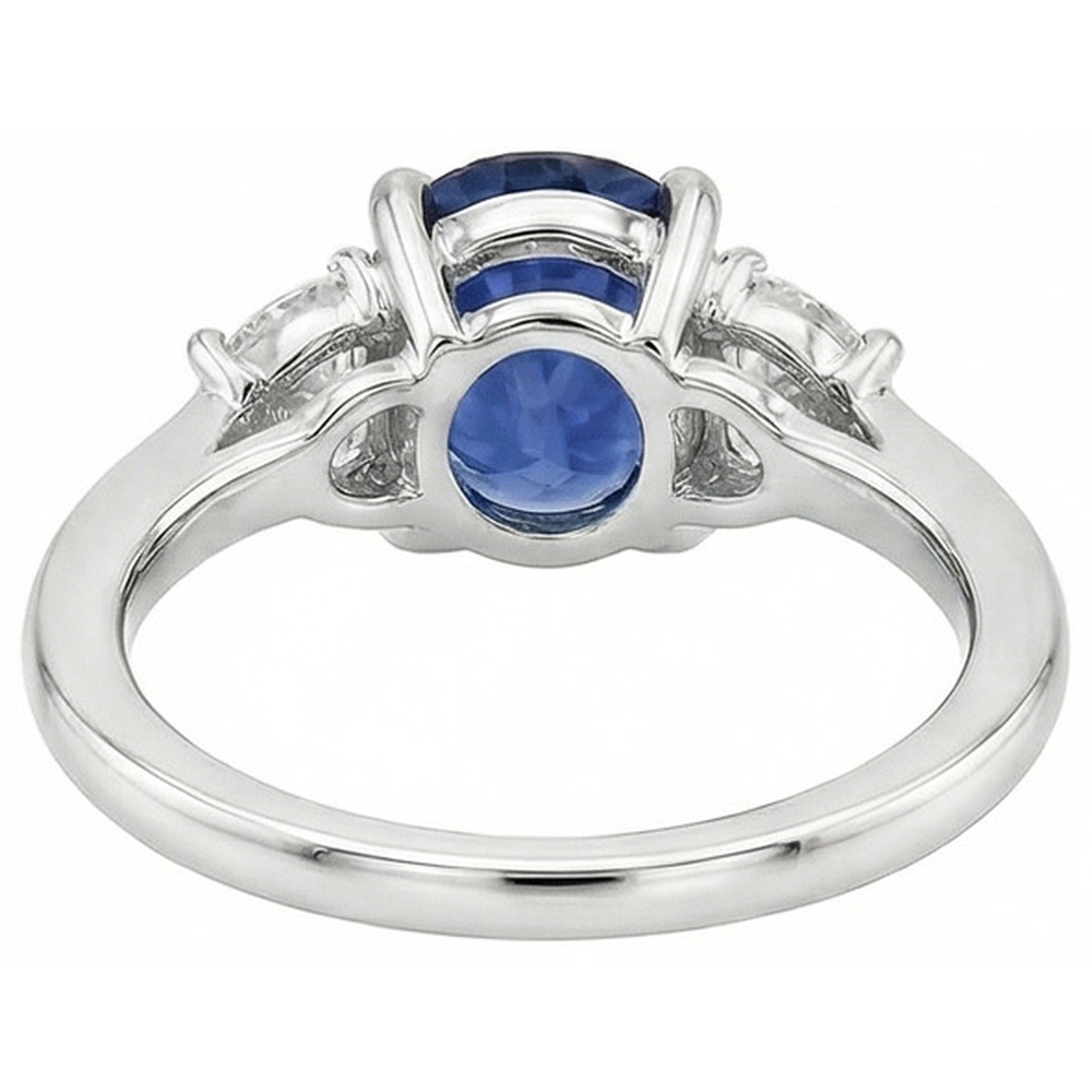 Anello con zaffiri dello Sri Lanka 2 carati e diamanti taglio ovale 3 pietre WG in oro 14K