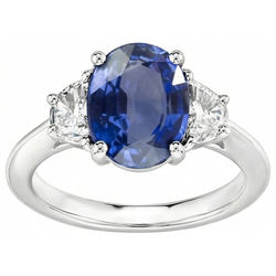 Anello con zaffiri dello Sri Lanka 2 carati e diamanti taglio ovale 3 pietre WG in oro 14K