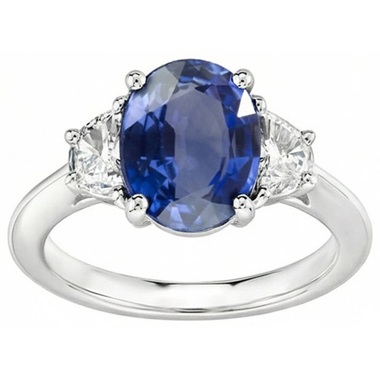 Anello con zaffiri dello Sri Lanka 2 carati e diamanti taglio ovale 3 pietre WG in oro 14K