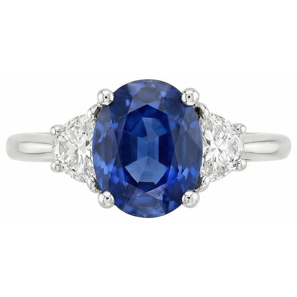 Anello con zaffiri dello Sri Lanka 2 carati e diamanti taglio ovale 3 pietre WG in oro 14K