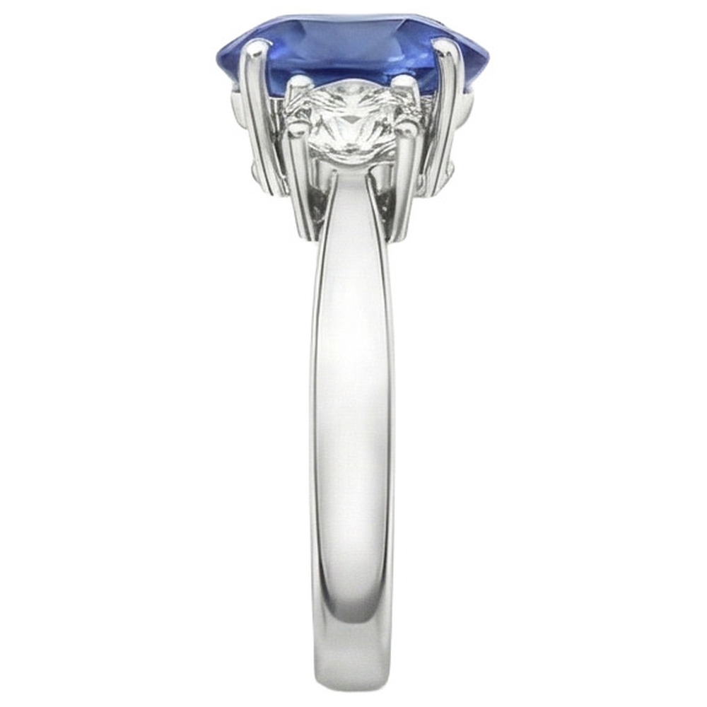 Anello con zaffiro 3,50 carati e diamanti tre pietre in oro bianco 14K