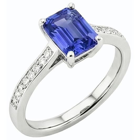 Anello con zaffiro Ceylon 2 carati e diamanti con pietre preziose in oro bianco 14K