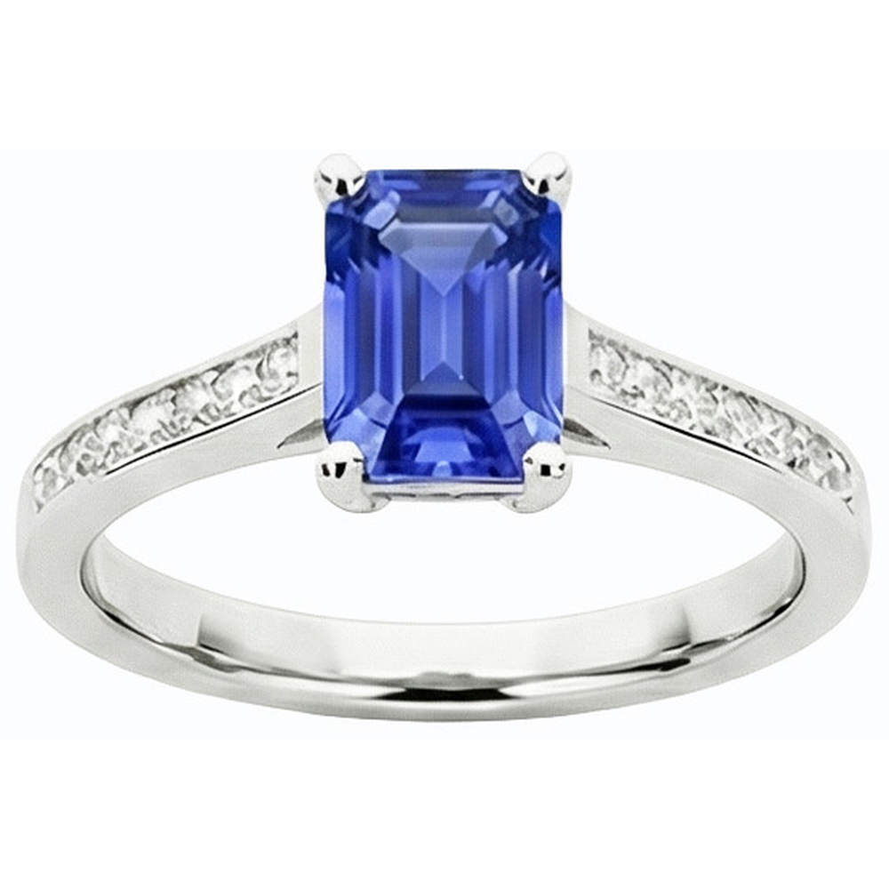 Anello con zaffiro Ceylon 2 carati e diamanti con pietre preziose in oro bianco 14K