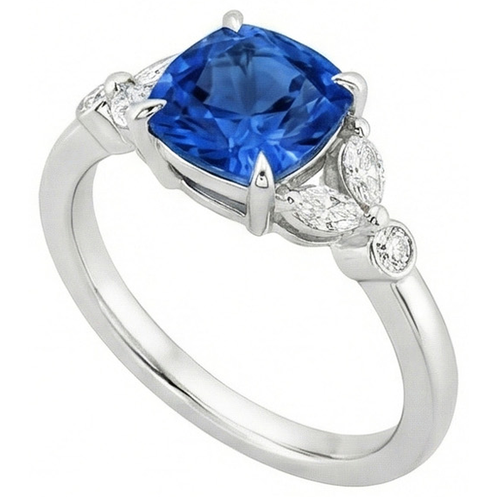 Anello con zaffiro Ceylon 2,70 carati e diamanti in oro bianco 14K