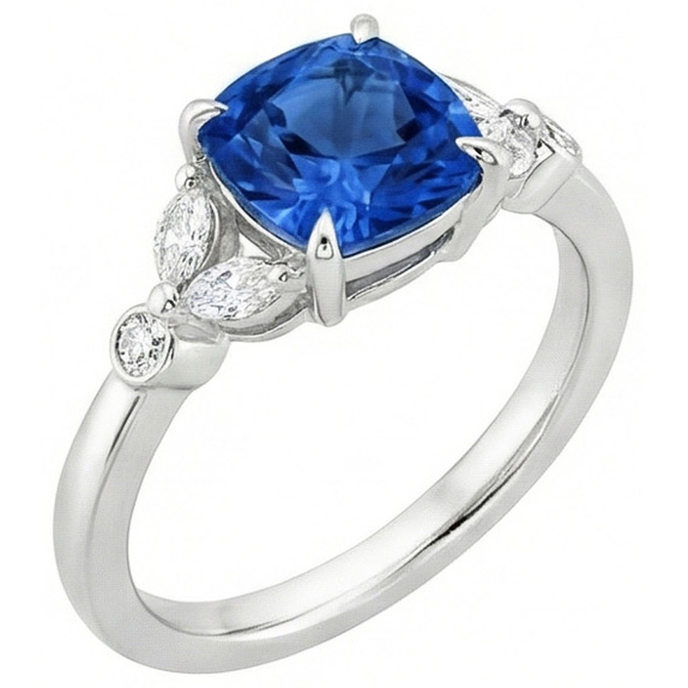 Anello con zaffiro Ceylon 2,70 carati e diamanti in oro bianco 14K