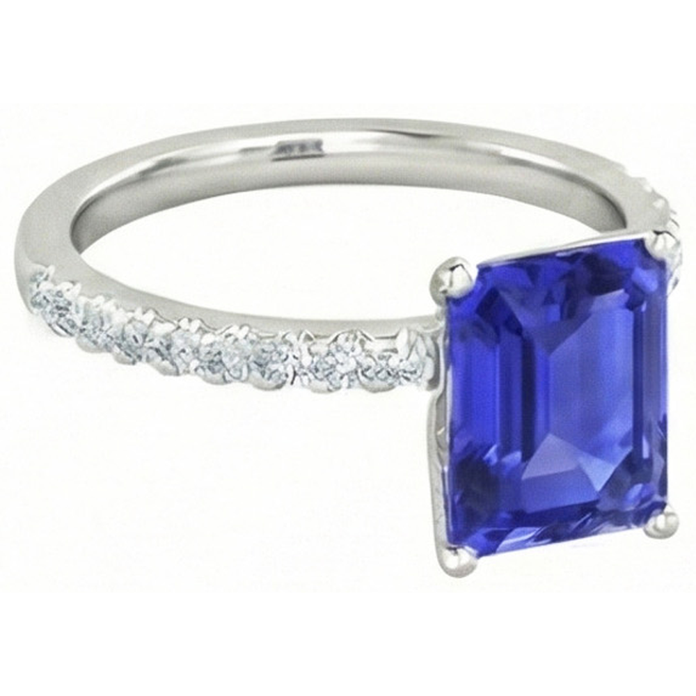 Anello con zaffiro Ceylon 2,70 carati e diamanti tondi e taglio smeraldo in Oro bianco 14K