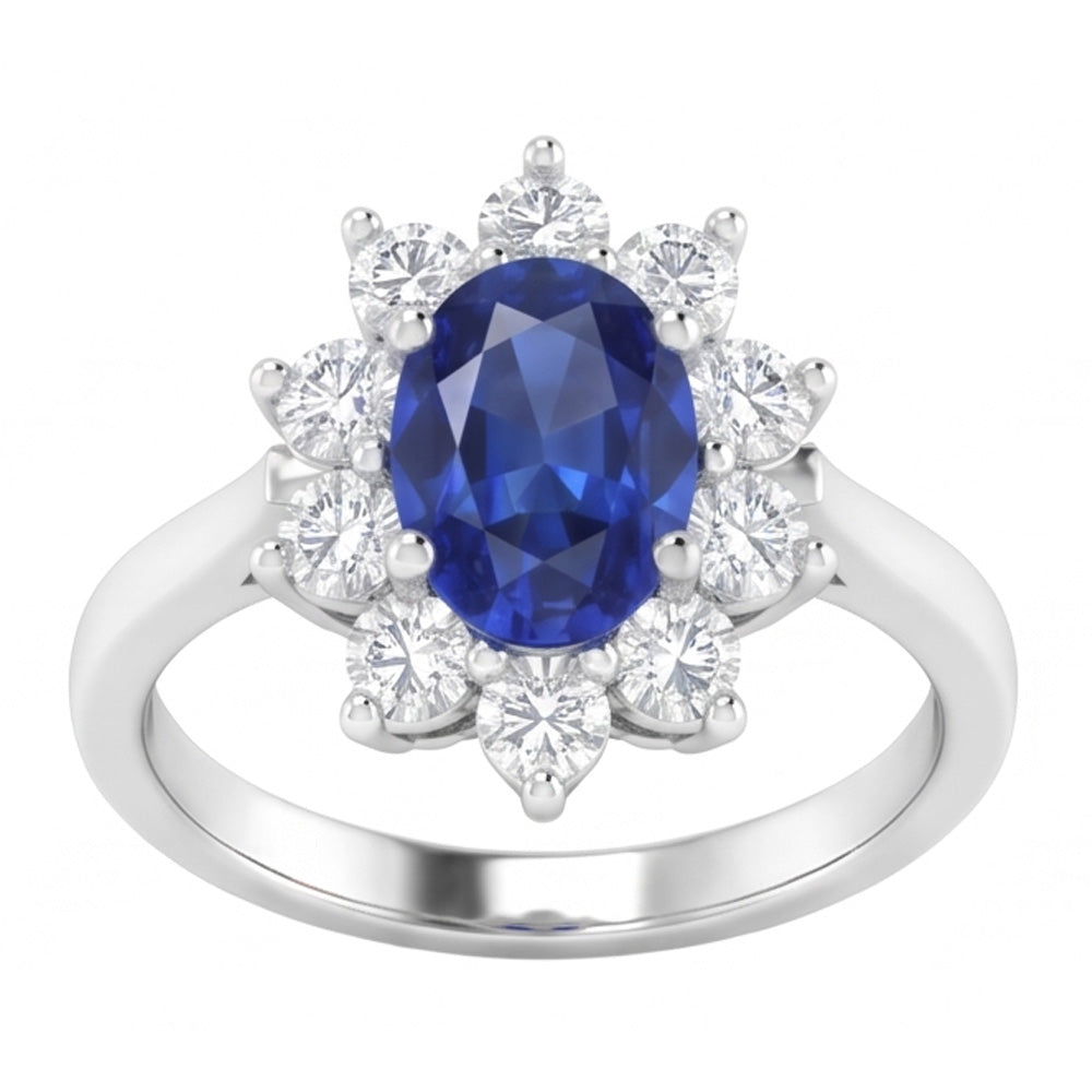 Anello con zaffiro Ceylon 3,50 carati e diamanti in oro bianco 14K