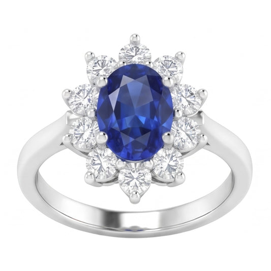 Anello con zaffiro Ceylon 3,50 carati e diamanti in oro bianco 14K
