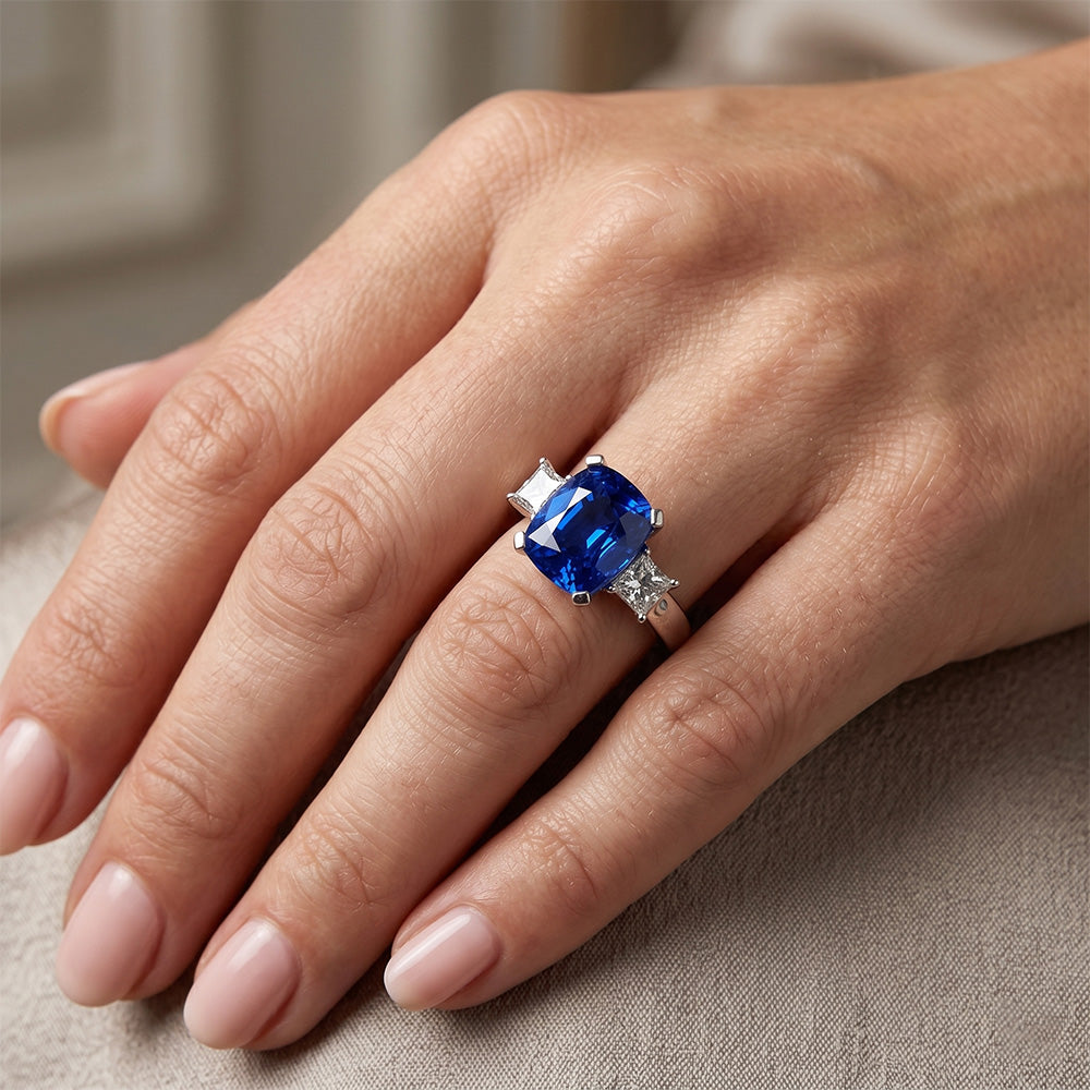 Anello con zaffiro Ceylon 4 carati e diamanti 3 pietre in Oro Bianco 14K