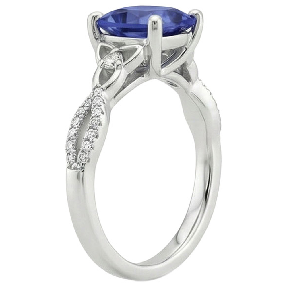 Anello con zaffiro Ceylon Blue da 3,25 carati e diamante cushion in oro bianco 14K