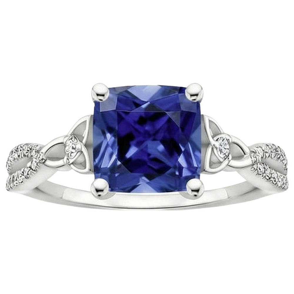 Anello con zaffiro Ceylon Blue da 3,25 carati e diamante cushion in oro bianco 14K