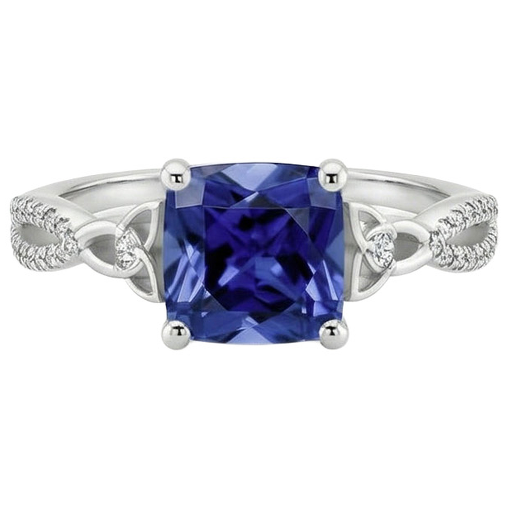 Anello con zaffiro Ceylon Blue da 3,25 carati e diamante cushion in oro bianco 14K