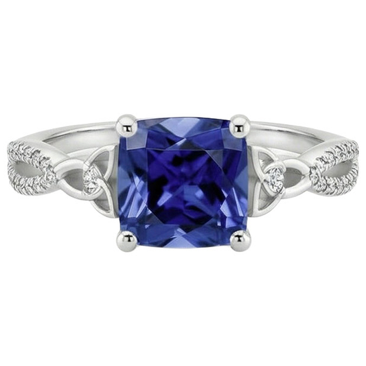 Anello con zaffiro Ceylon Blue da 3,25 carati e diamante cushion in oro bianco 14K