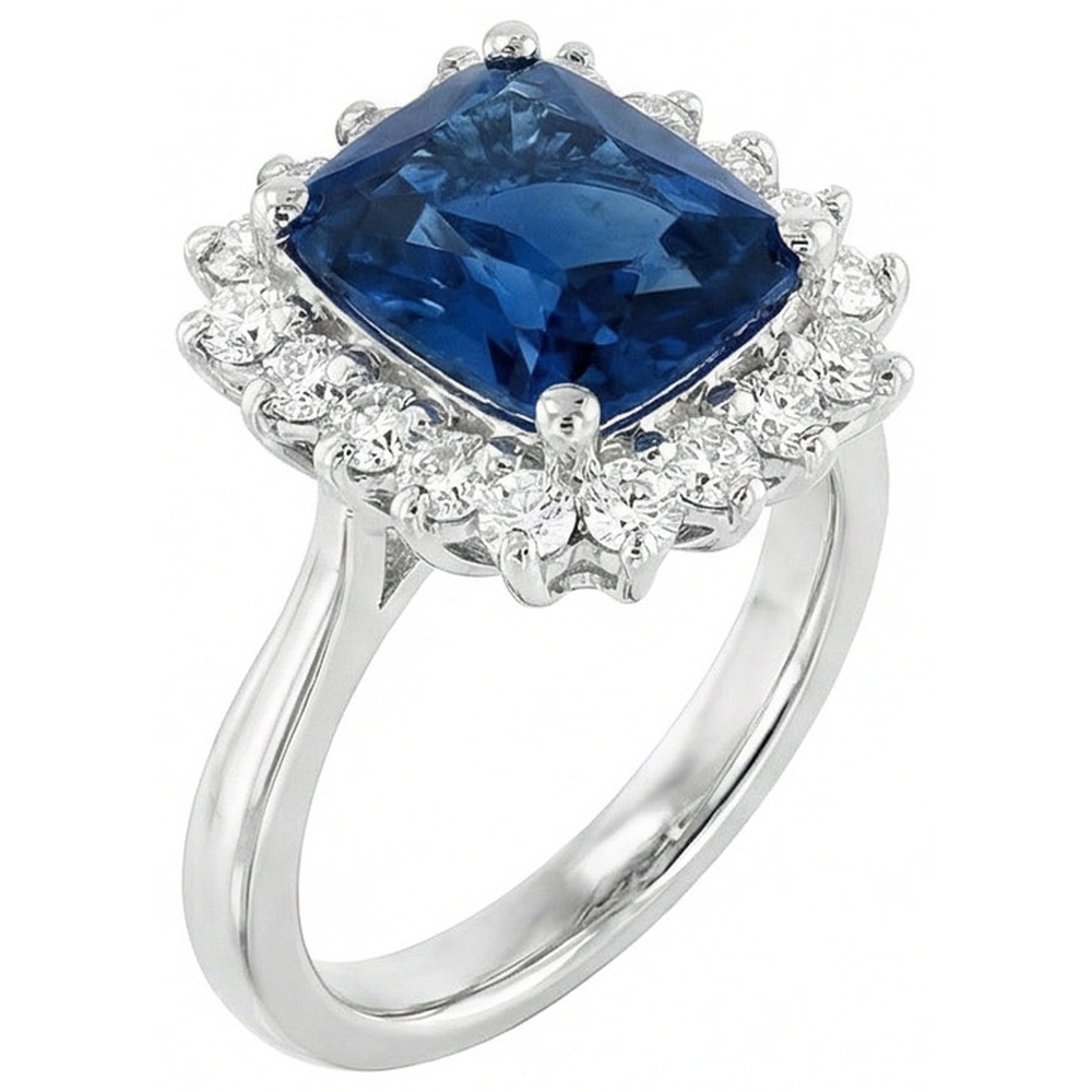 Anello con zaffiro Ceylon Large Cushion 4 carati e diamanti tondi in oro bianco 14K
