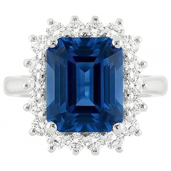 Anello con zaffiro Ceylon Large Cushion 4 carati e diamanti tondi in oro bianco 14K