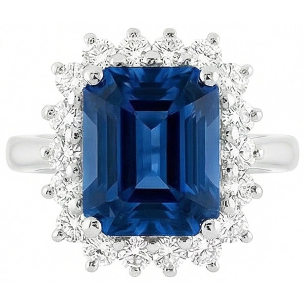 Anello con zaffiro Ceylon Large Cushion 4 carati e diamanti tondi in oro bianco 14K