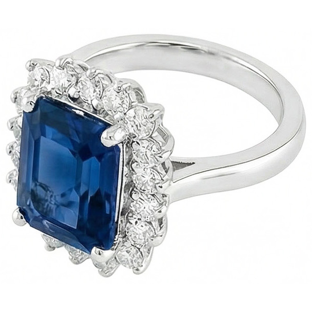 Anello con zaffiro Ceylon Large Cushion 4 carati e diamanti tondi in oro bianco 14K