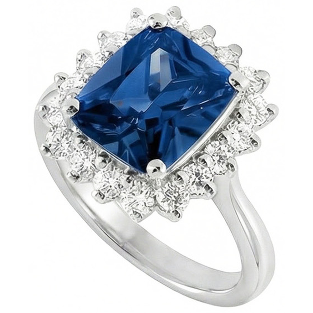 Anello con zaffiro Ceylon Large Cushion 4 carati e diamanti tondi in oro bianco 14K
