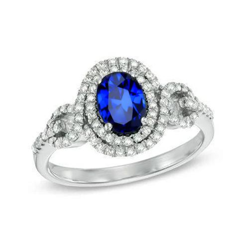 Zaffiro di Ceylon ovale in oro bianco da 2.75 carati con anello di diamanti rotondi - harrychadent.it