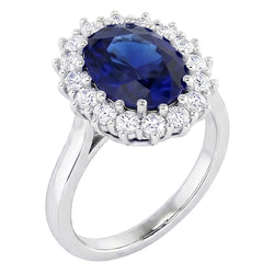 Anello con zaffiro Ceylon ovale da 3,50 carati e diamanti tondi in oro bianco 14K