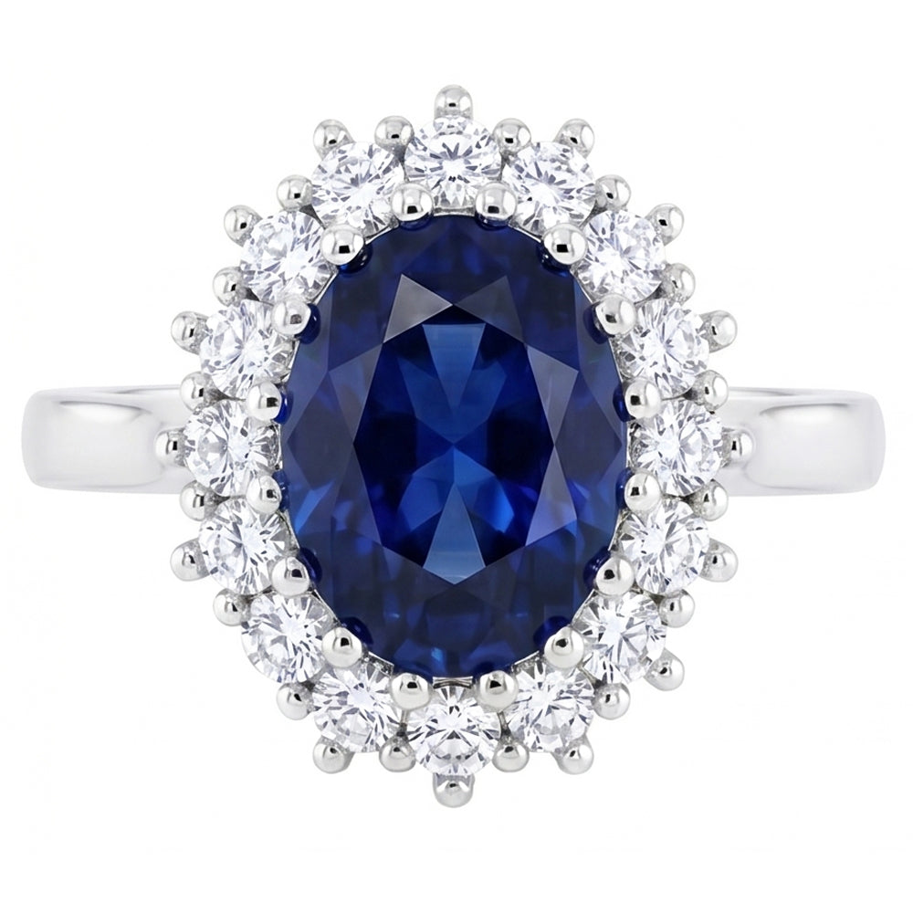 Anello con zaffiro Ceylon ovale da 3,50 carati e diamanti tondi in oro bianco 14K