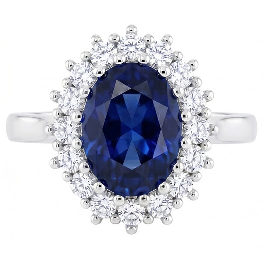 Anello con zaffiro Ceylon ovale da 3,50 carati e diamanti tondi in oro bianco 14K