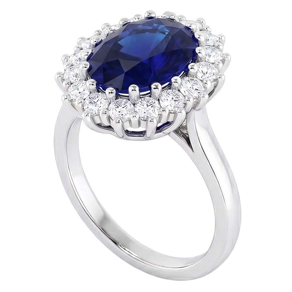 Anello con zaffiro Ceylon ovale da 3,50 carati e diamanti tondi in oro bianco 14K