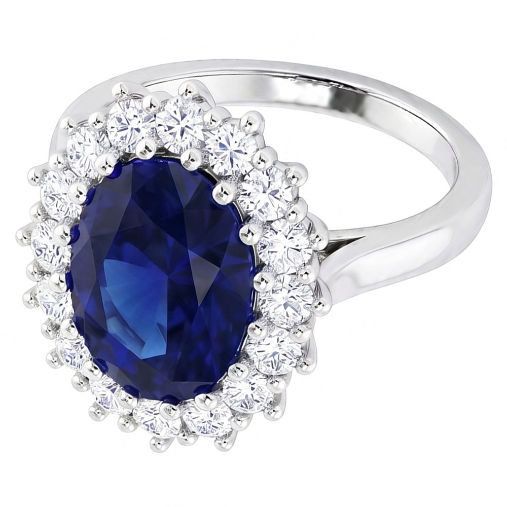 Anello con zaffiro Ceylon ovale da 3,50 carati e diamanti tondi in oro bianco 14K