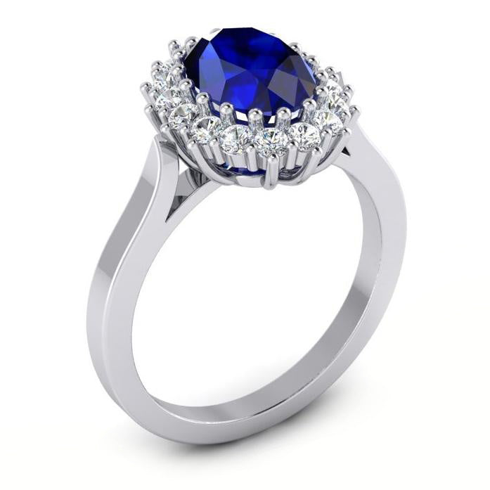 Anello con zaffiro Ceylon ovale da 3,50 carati e diamanti tondi in oro bianco 14K
