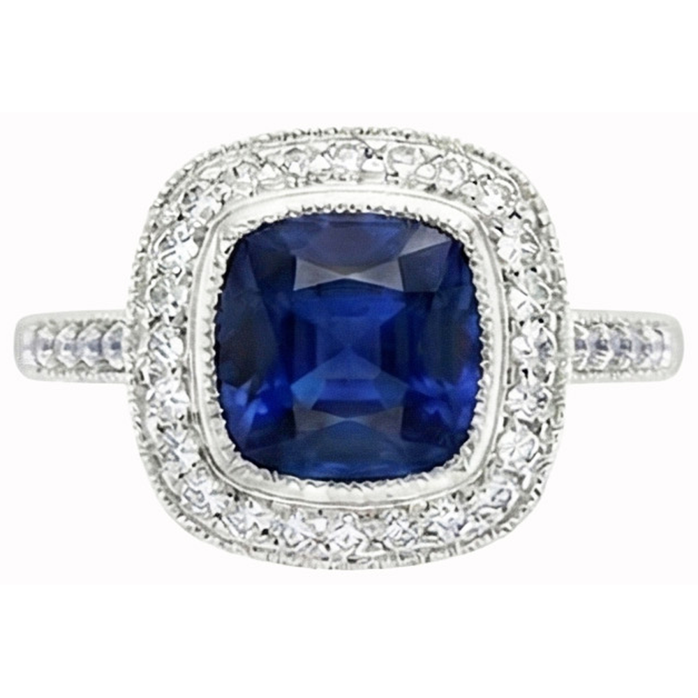 Anello con zaffiro Ceylon taglio cuscino e diamanti da 2 ct. Oro bianco 14K