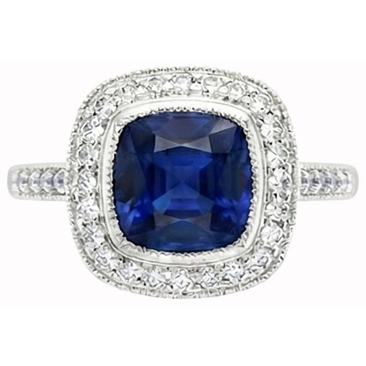 Anello con zaffiro Ceylon taglio cuscino e diamanti da 2 ct. Oro bianco 14K