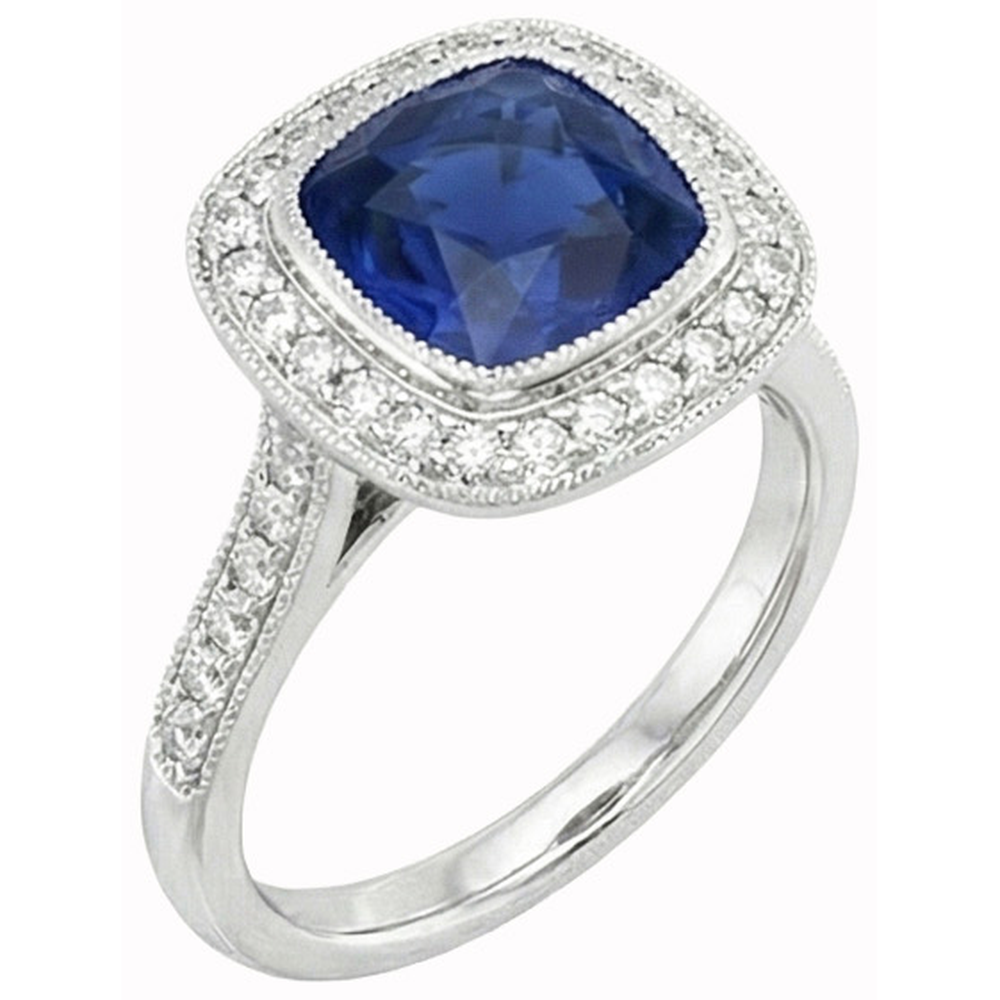 Anello con zaffiro Ceylon taglio cuscino e diamanti da 2 ct. Oro bianco 14K